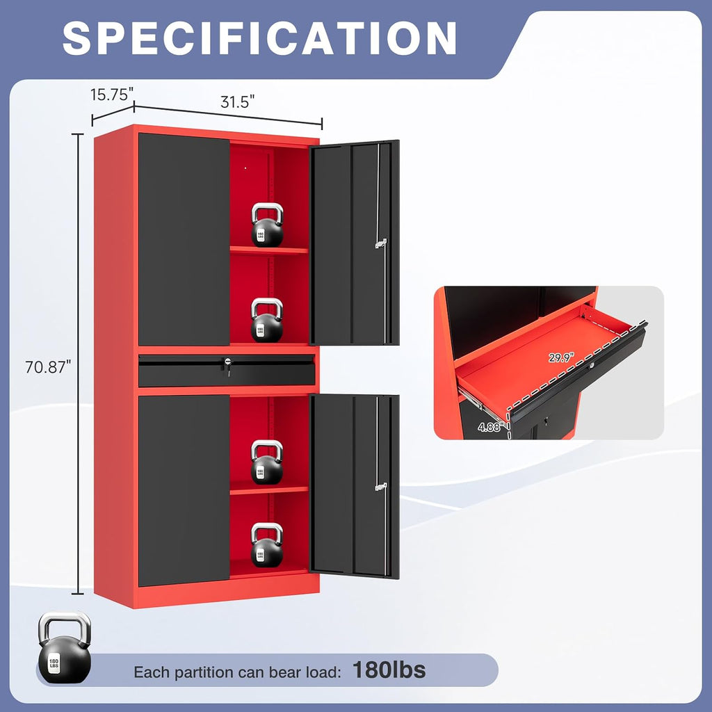 Metal Garage Storage Cabinet with Locking Doors and Drawer, 71' Steel Tool Storage Cabinet with Adjustable Shelves for Garage,Office,Warehouse (Red Black)