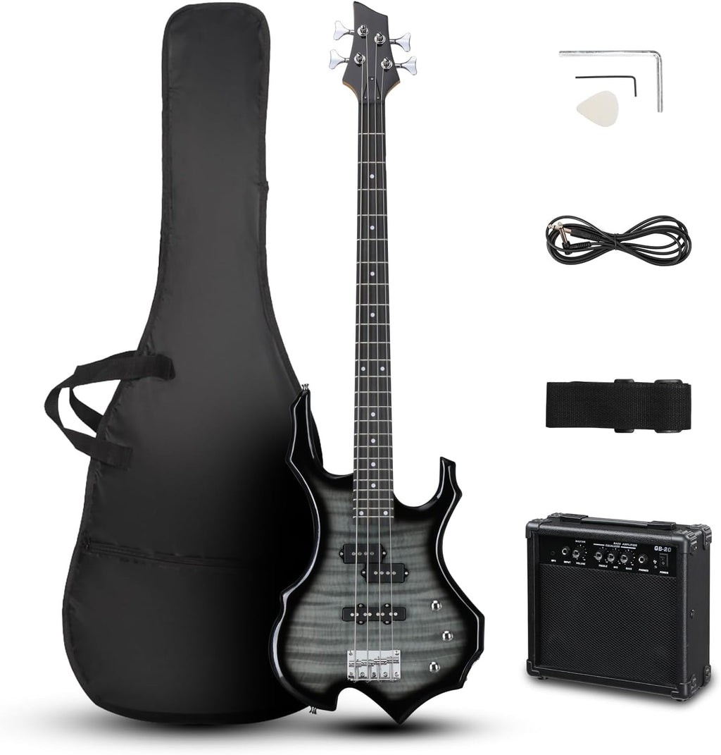 Ktaxon Electric Bass Guitar Full Size Flame Design Bass Set with 20 Watt Amplifier, Portable Bass Bag, Superior Amp Wire, Adjustable Guitar Strap, Plectrum, Wrench Tool(Tiger Stripes)