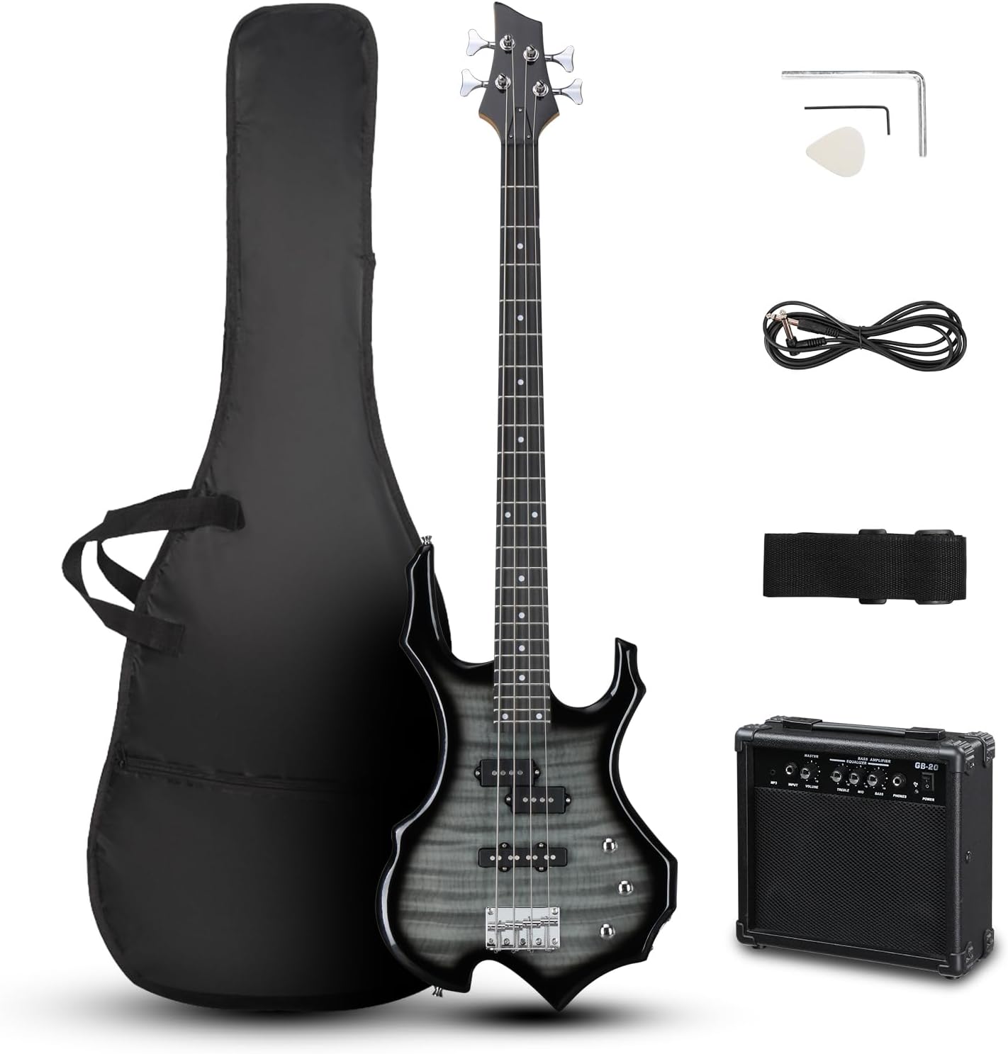 Ktaxon Electric Bass Guitar Full Size Flame Design Bass Set with 20 Watt Amplifier, Portable Bass Bag, Superior Amp Wire, Adjustable Guitar Strap, Plectrum, Wrench Tool(Tiger Stripes)