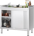 Stainless Steel Cabinet with Baffle 39'x20', Commercial Kitchen Work Table for Prep&Work, Kitchen Cabinet with Sliding Doors,Heavy Duty Prep Table for Restaurant,Garage,Warehouse