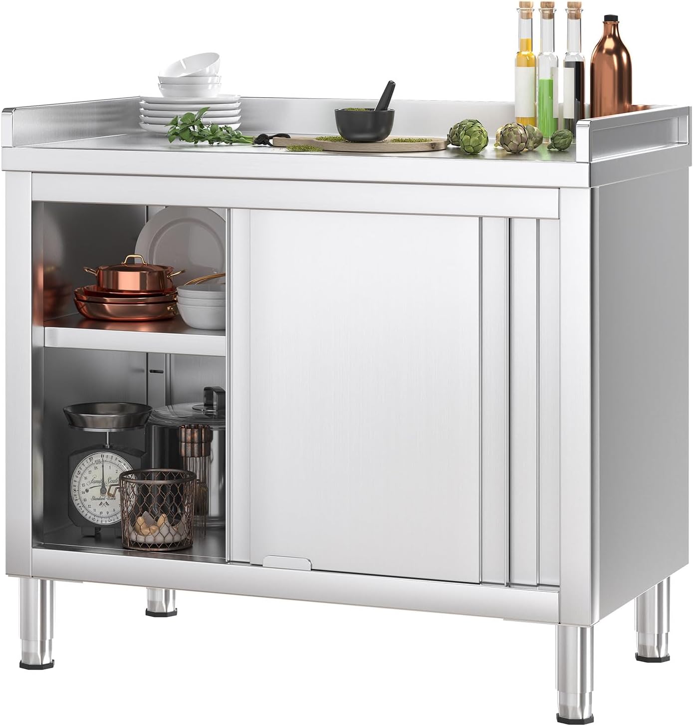 Stainless Steel Cabinet with Baffle 39'x20', Commercial Kitchen Work Table for Prep&Work, Kitchen Cabinet with Sliding Doors,Heavy Duty Prep Table for Restaurant,Garage,Warehouse
