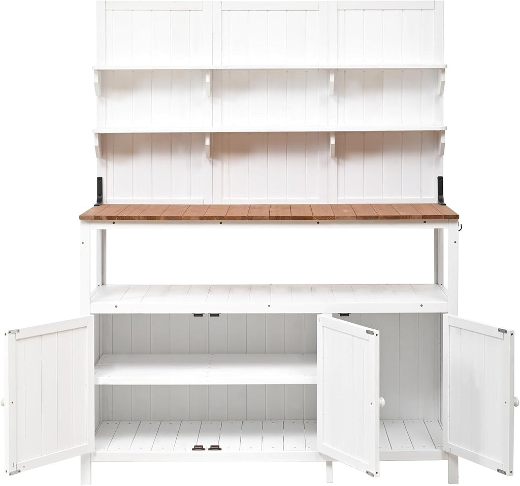 Merax Outdoor Potting Bench Table with Hutch, 50.2' Fir Wood Garden Workstation, Large Countertop, 2 Shelves, 2 Cabinets, 3 Side Hooks, Wooden Gardening Planting Table for Backyard, Patio, White