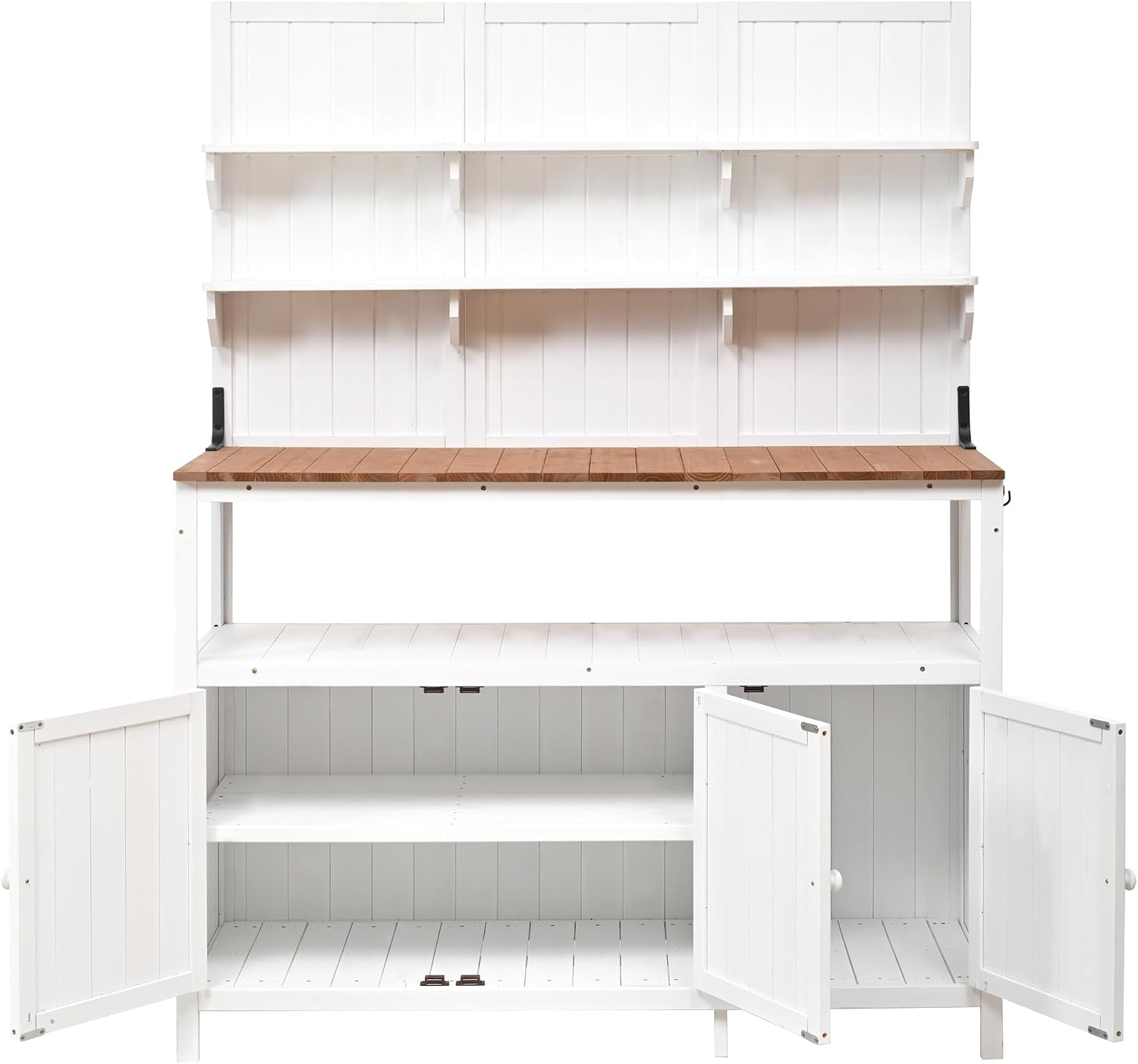 Merax Outdoor Potting Bench Table with Hutch, 50.2' Fir Wood Garden Workstation, Large Countertop, 2 Shelves, 2 Cabinets, 3 Side Hooks, Wooden Gardening Planting Table for Backyard, Patio, White