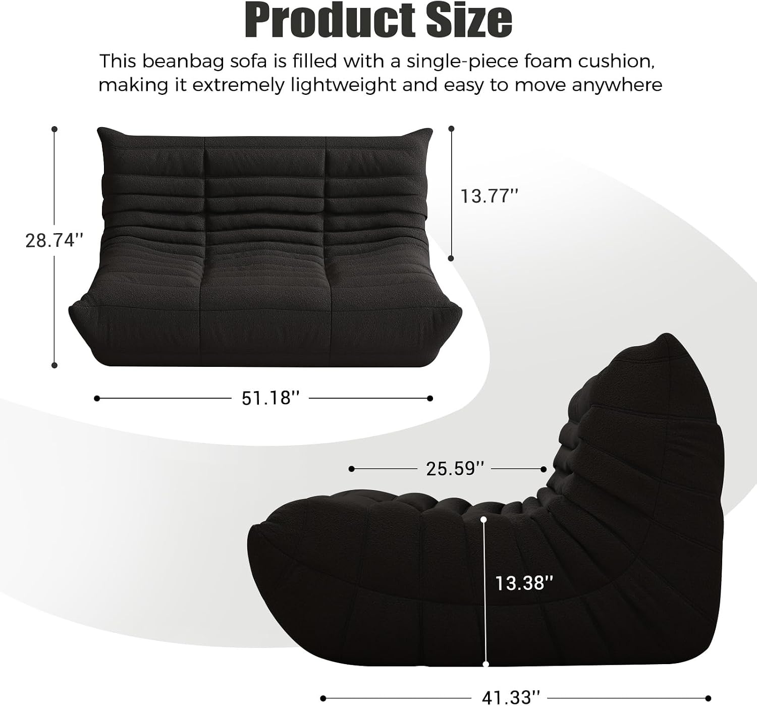 Bean Bag Chairs for Adults, Giant Bean Bag Chair Sofa with Memory Foam, Comfy Beanbag Loveseat Lazy Sofa for Living Room, Bedroom, Apartment, Black