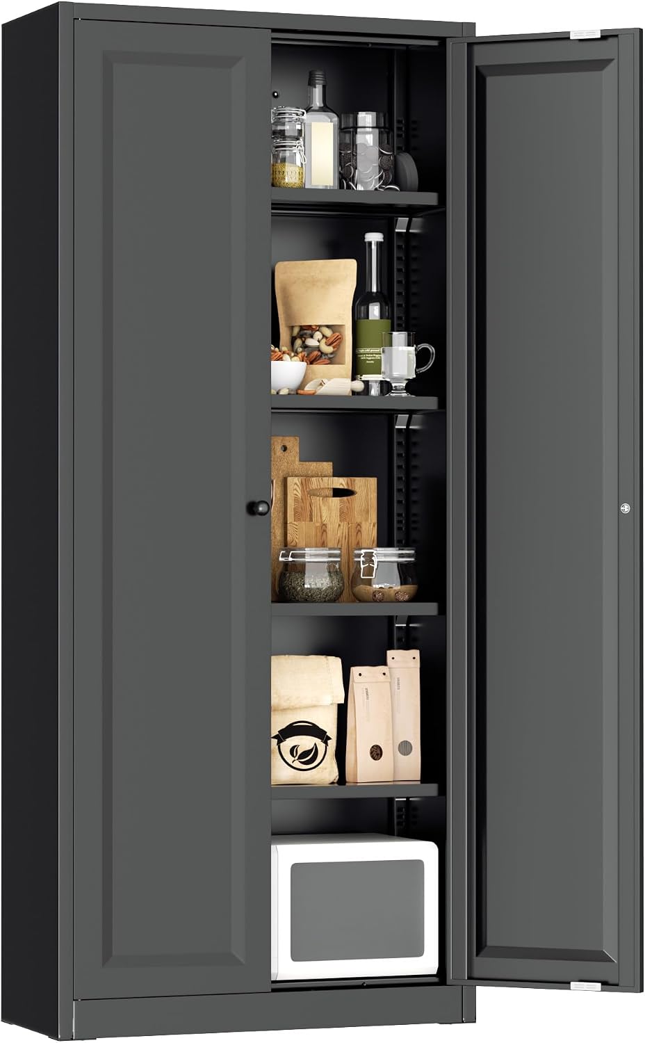 Greenvelly 63' H Black Metal Pantry Storage Cabinet, Locking Metal Cabinet with 4 Adjustable Shelves and 2 Doors for Kitchen, Home, Garage, Pantry