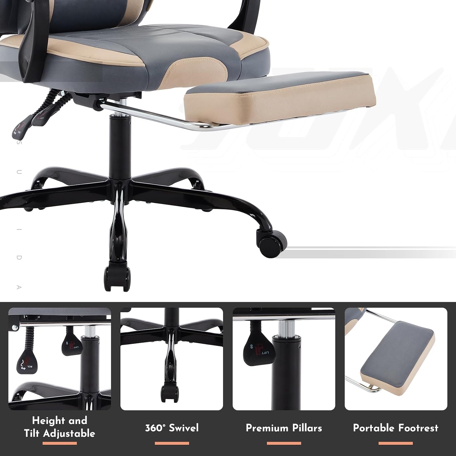 Gaming Chair with Footrest, Ergonomic Computer Chair with Headrest and Lumbar Support, Breathable Material Height Adjustable Swivel Video Game Chairs for Adults, 300lbs Max, Black & Beige