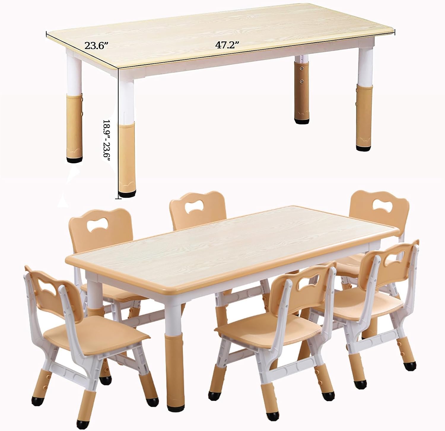 Kids Table and Chair Set, Height Adjustable Toddler Arts & Crafts Table and 6 Chair Set for Ages 2-10,Max 300lbs Kids Activity Art Table for Classroom Daycares,Home