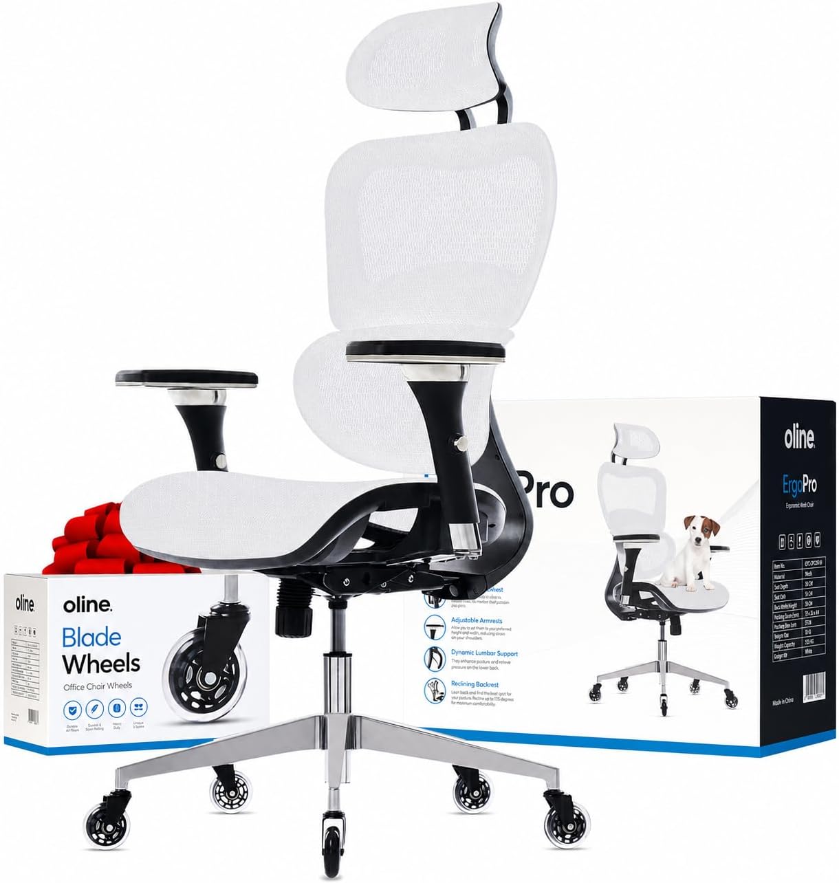 Oline ErgoPro Ergonomic Office Chair with 4D Adjustable Armrest, 3D Lumbar Support and Blade Wheels - Mesh Computer Gaming Rolling Desk Executive Swivel Home Chair (White)