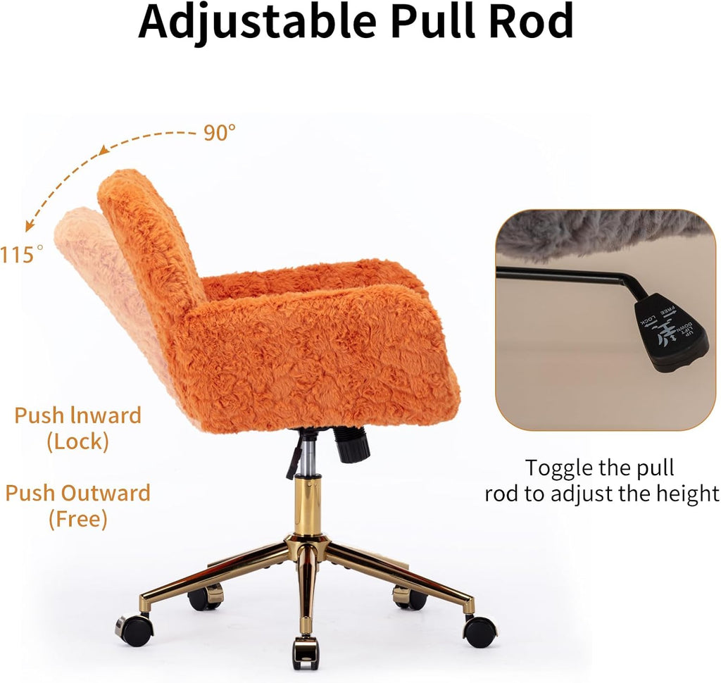 Faux Fur Makeup Vanity Chair, Comfy Fuzzy Home Office Chair with Wheels & Gold Base, Upholstered Adjustable Swivel Desk Chair for Teens Girls Women Home Office, Orange