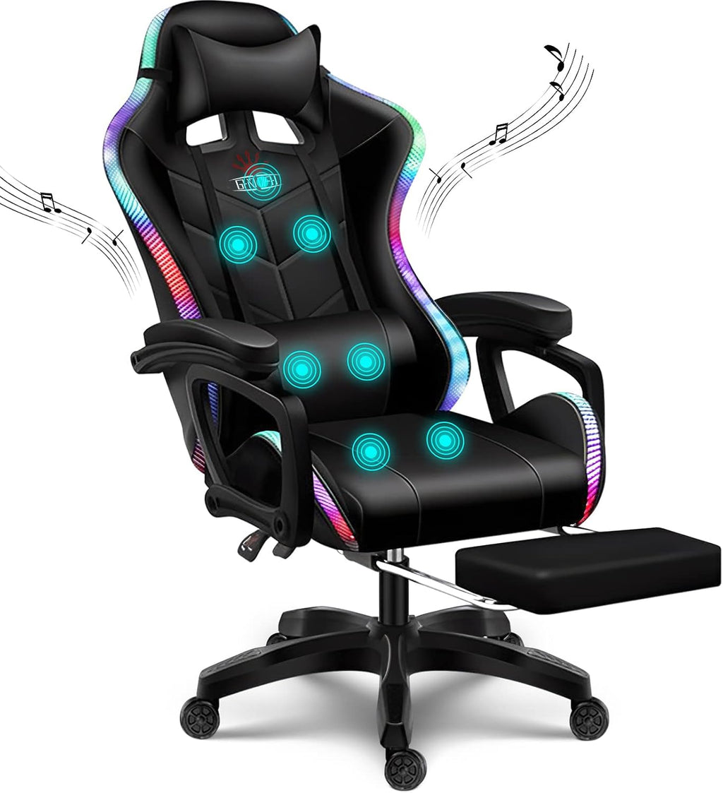 RGB Gaming Chair with Speakers, Massage Computer Chair Ergonomic Racing Game Chairs for Teens PU Leather Recliner Swivel Gamer Chair with Lumbar Support Headrest Armrest and Footrest,Black