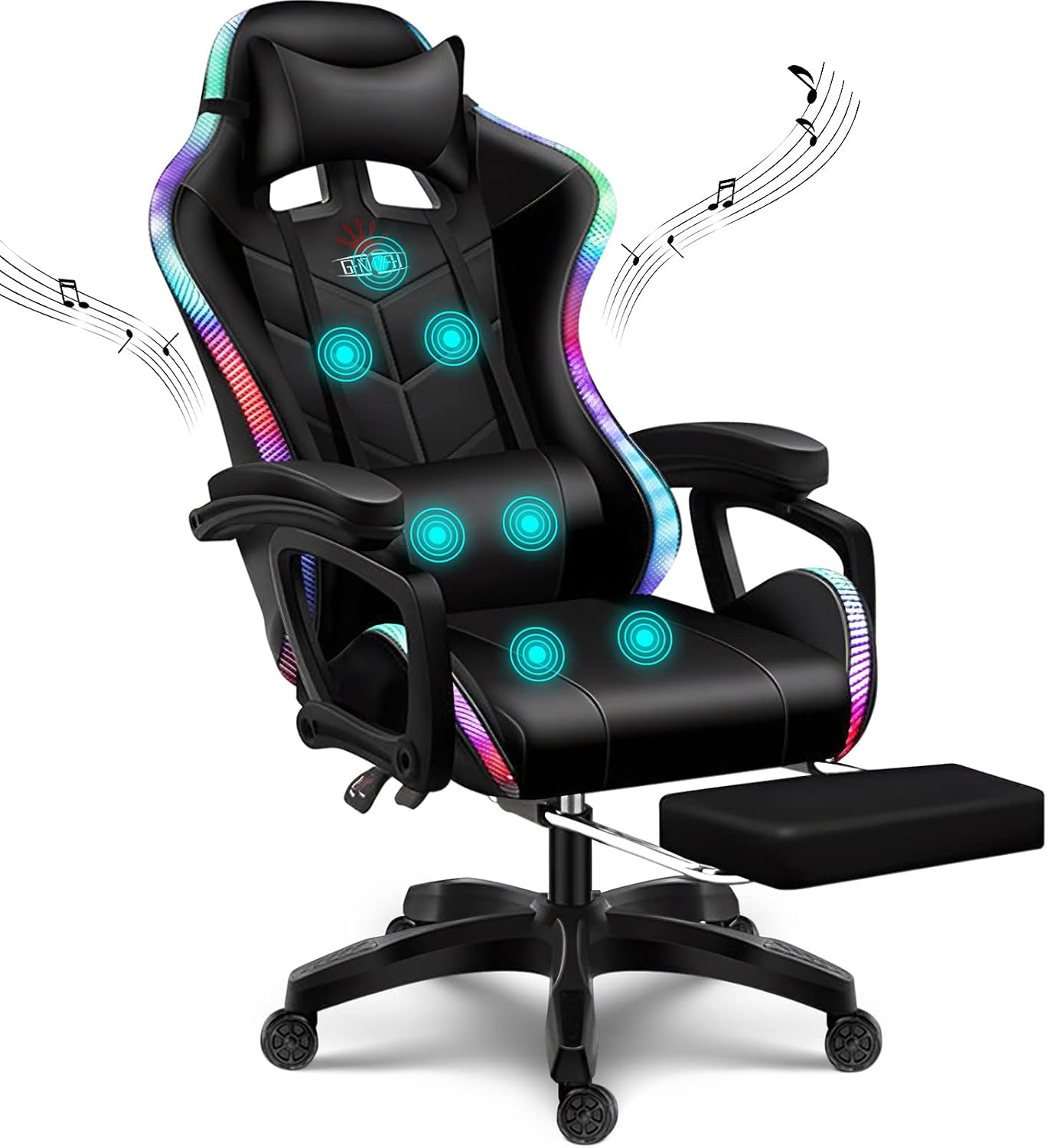 RGB Gaming Chair with Speakers, Massage Computer Chair Ergonomic Racing Game Chairs for Teens PU Leather Recliner Swivel Gamer Chair with Lumbar Support Headrest Armrest and Footrest,Black