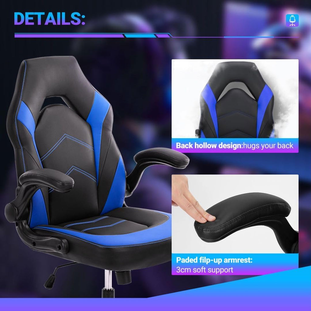 Heavy Duty Gaming Chair Ergonomic Gamer for Home Office with Lumbar Support, Adjustable Backrest, Flip-Up Armrest and Stable 360° Swivel Wheels for Adults, Professional Gamers and Teens, Black-Blue