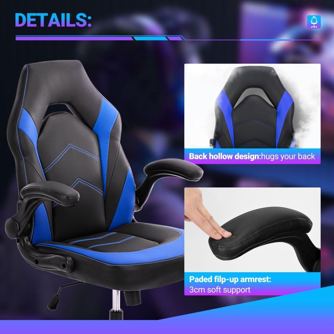 Heavy Duty Gaming Chair Ergonomic Gamer for Home Office with Lumbar Support, Adjustable Backrest, Flip-Up Armrest and Stable 360° Swivel Wheels for Adults, Professional Gamers and Teens, Black-Blue
