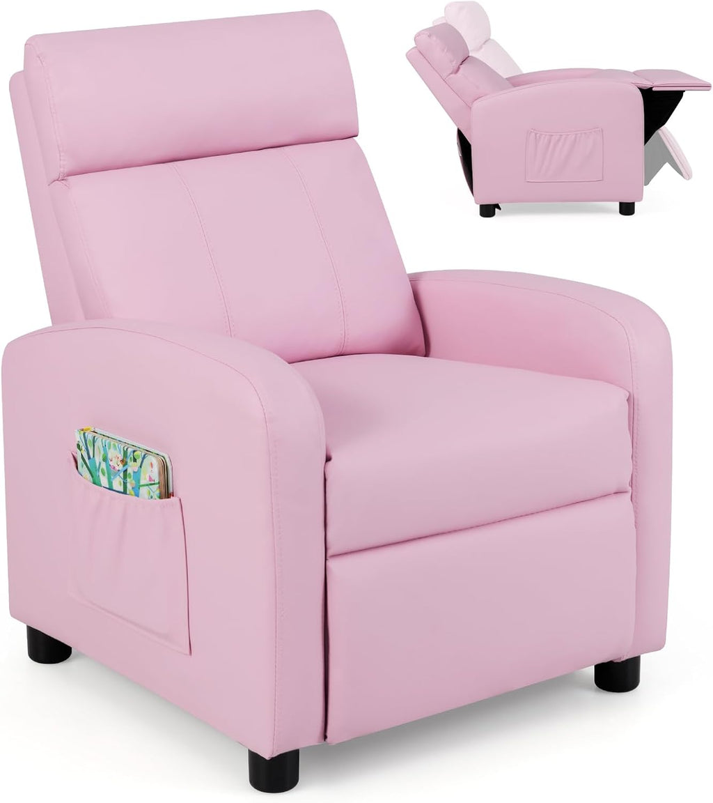 Costzon Kids Recliner, Adjustable PU Leather Lounge Chair w/Side Pockets, Footrest, Headrest for Kids Room&Play Room, Easy to Clean, Padded Pink Recliner Sofa for Children Boys Girls Aged 3-12 (Pink)