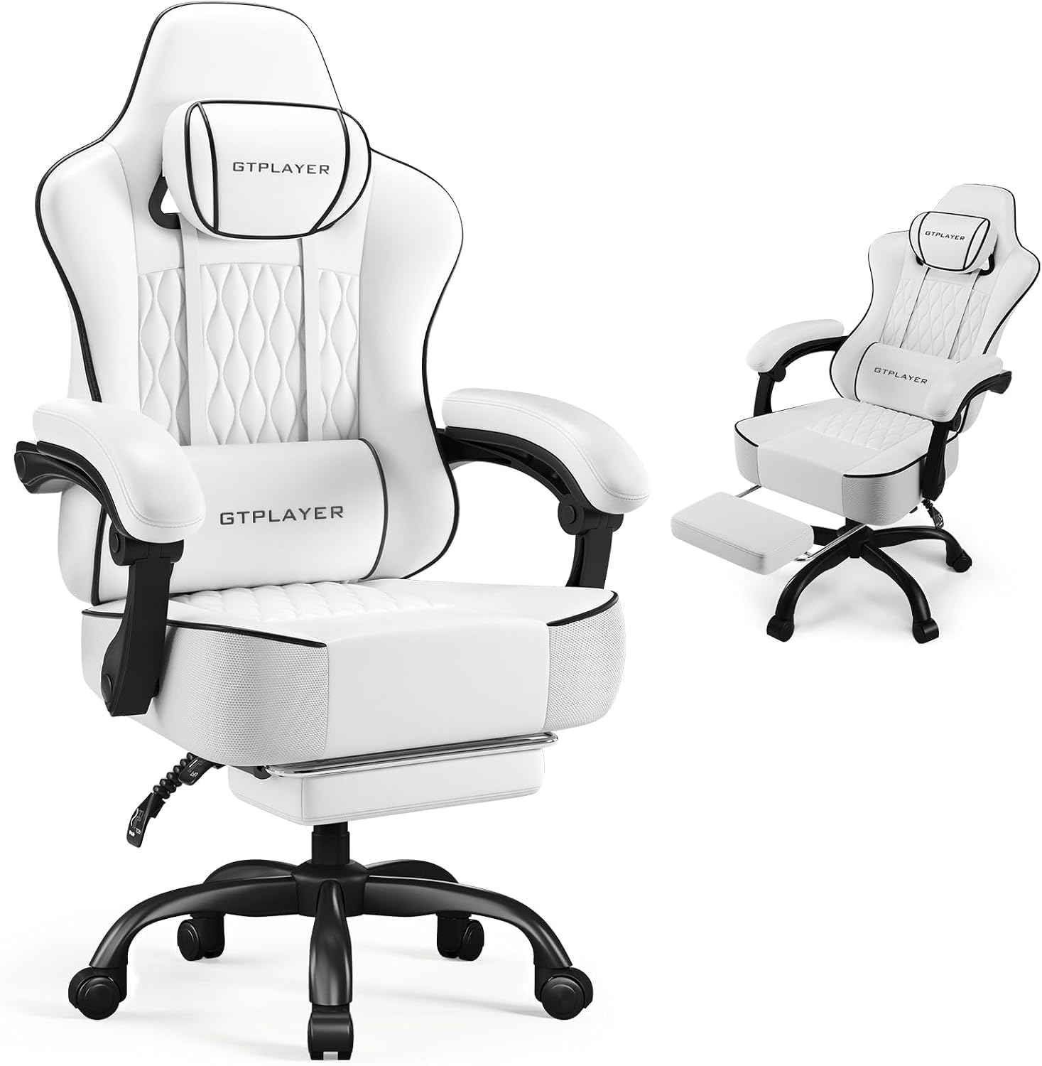GTPLAYER Big and Tall Gaming Chair with Footrest, Ergonomic Office Desk Chair with 4.4in Thick Cushion and Wide Wingless Seat, Comfortable Leather Computer Chair, Predator Series, White