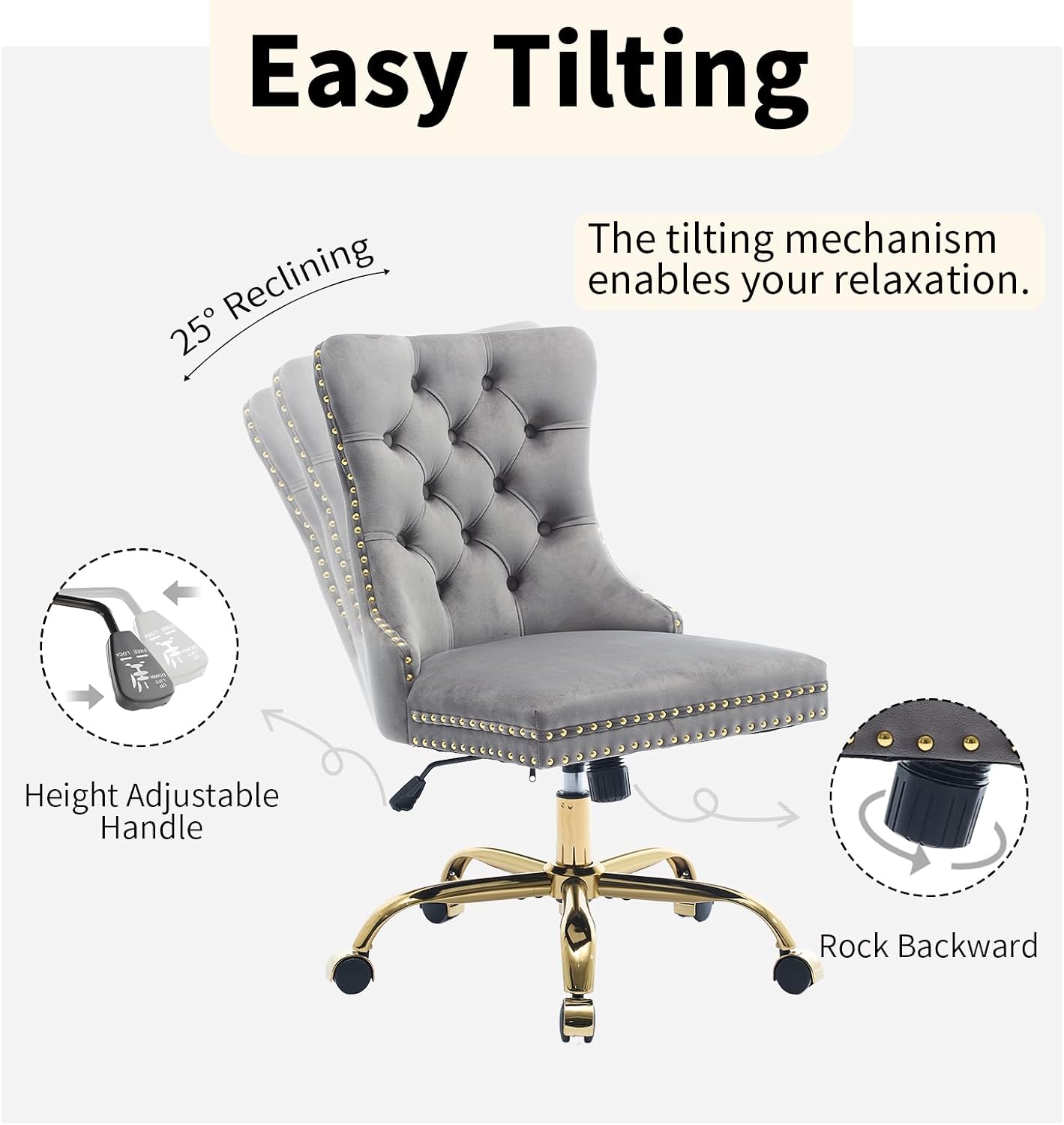 Grey Velvet Home Office Desk Chair with Wheels & Gold Base, Modern Swivel Comfy Office Chair Vanity Chair Task Chair, Upholstered Adjustable Wingback Armless Desk Chair for Home Office,Bedroom,Grey