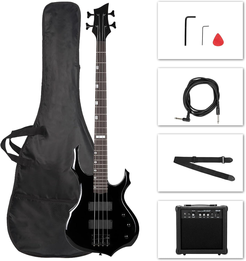 Ktaxon Electric Bass Guitar Full Size Flame Design Bass Set with 20 Watt Amplifier, Portable Bass Bag, Superior Amp Wire, Adjustable Guitar Strap, Plectrum, Wrench Tool(Black)