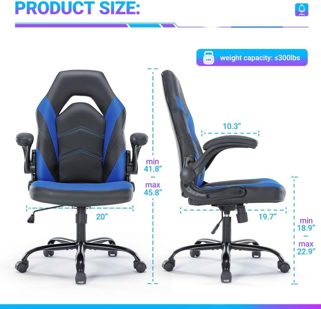Heavy Duty Gaming Chair Ergonomic Gamer for Home Office with Lumbar Support, Adjustable Backrest, Flip-Up Armrest and Stable 360° Swivel Wheels for Adults, Professional Gamers and Teens, Black-Blue
