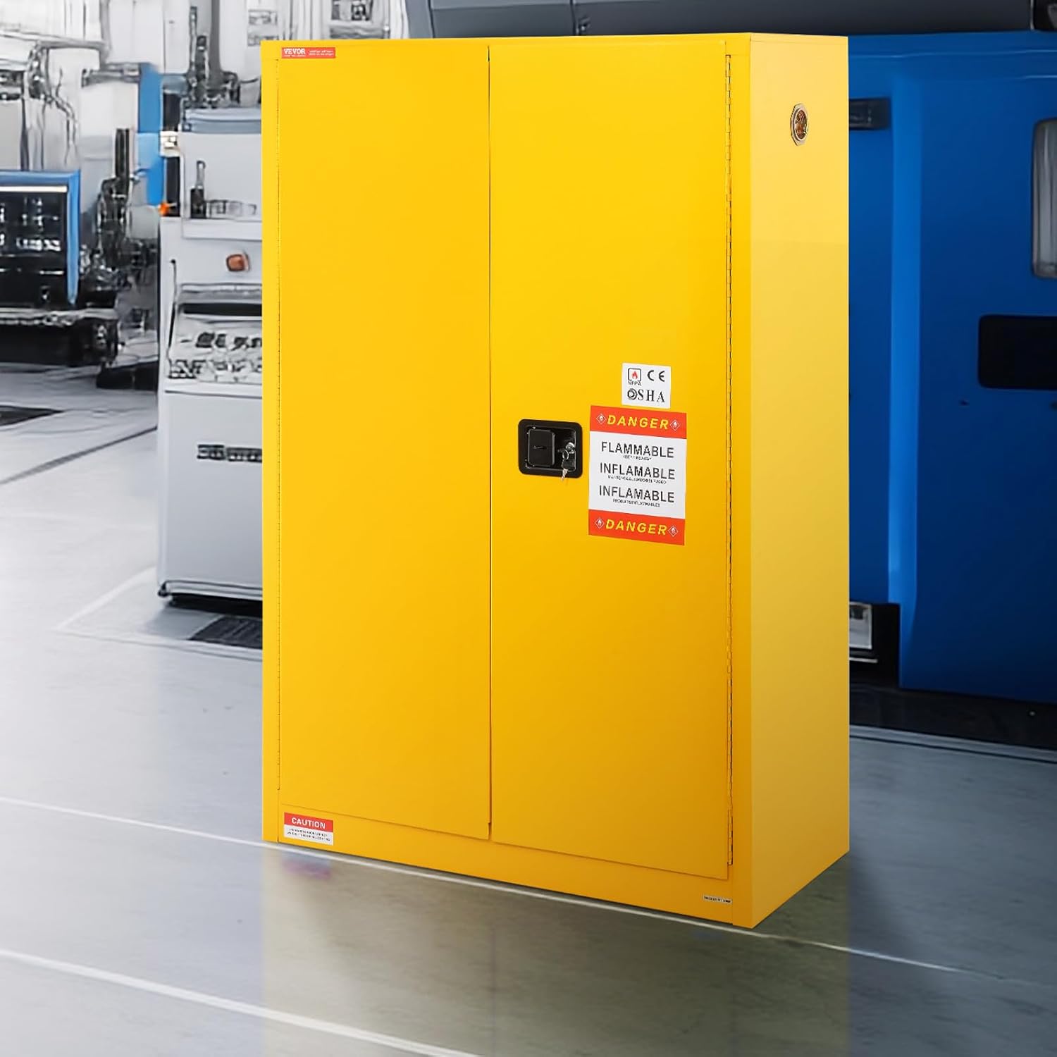 VEVOR Flammable Cabinet 18' x 43' x 65', Cold-Rolled Steel Flammable Liquid Storage Cabinet, 45 Gal in Explosion Proof with 2 Adjustable Shelves 2 Manual Doors for Industrial Use, Yellow