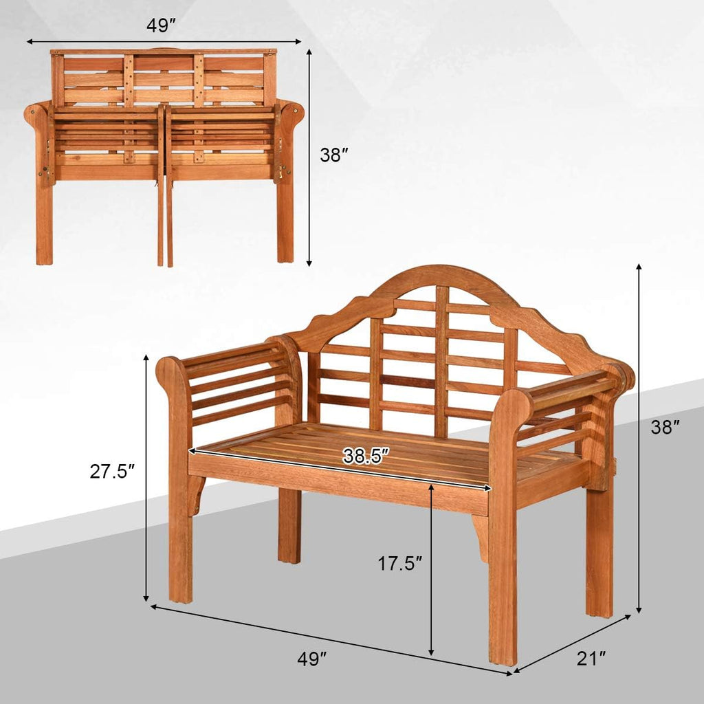 Tangkula Folding Outdoor Eucalyptus Wood Bench, 49' Large Foldable Solid Wood Garden Park Bench, 2-Person Loveseat Chair for Entryway, Deck, Porch, Poolside & Balcony