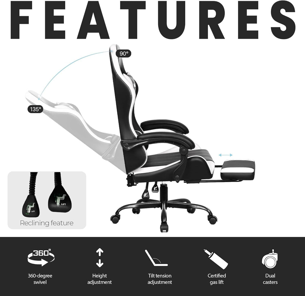 N-GEN GAMING Video Gaming Chair with Footrest Lumbar Support for Home Office High Back Recliner Height Adjustable Ergonomic Comfy Leather Computer Desk Chair (Leather White)