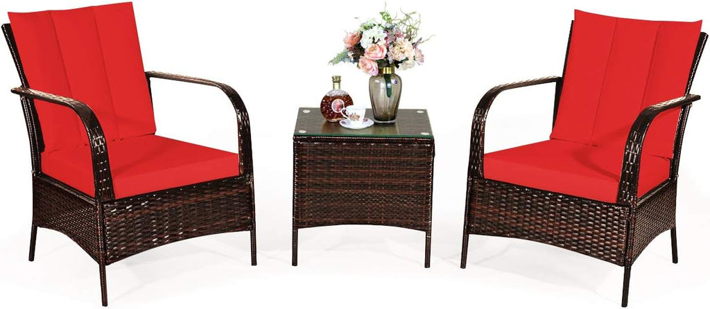 COSTWAY 3 Pieces Patio Rattan Furniture Set, Outdoor Conversation Chair Set with Coffee Table & 2 Cushions for Backyard, Porch, Poolside, Lawn, Garden, Red