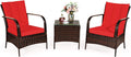 COSTWAY 3 Pieces Patio Rattan Furniture Set, Outdoor Conversation Chair Set with Coffee Table & 2 Cushions for Backyard, Porch, Poolside, Lawn, Garden, Red