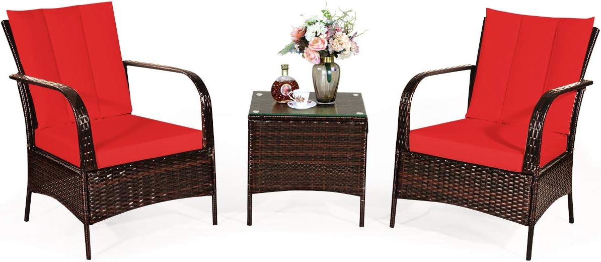 COSTWAY 3 Pieces Patio Rattan Furniture Set, Outdoor Conversation Chair Set with Coffee Table & 2 Cushions for Backyard, Porch, Poolside, Lawn, Garden, Red