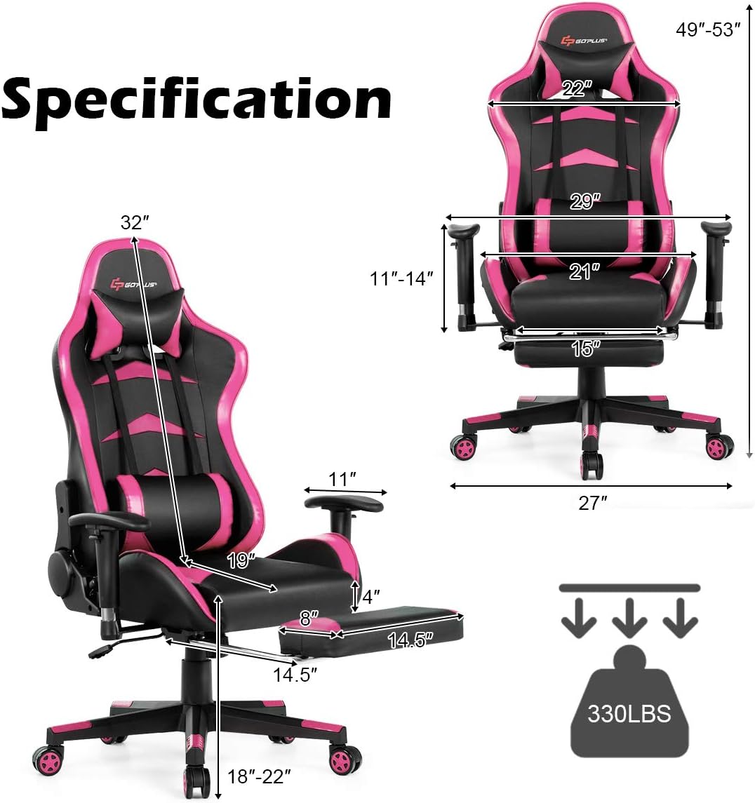 Goplus Massage Gaming Chair, Reclining Backrest, Handrails and Seat Height Adjustment Racing Computer Office Chair, High Back Ergonomic PU Leather Swivel PC Game Chair with Footrest