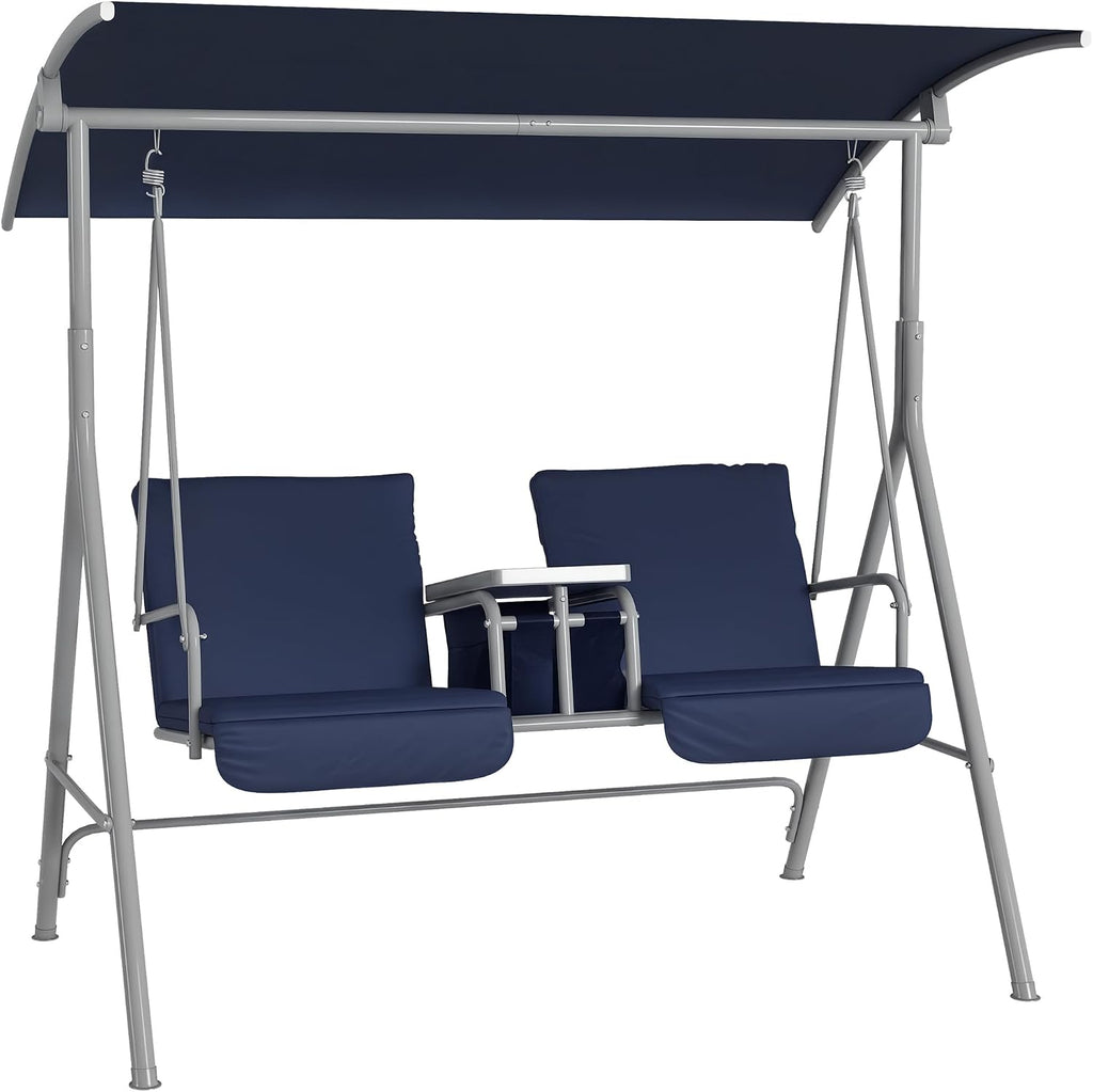 Outsunny 2 Person Porch Swing with Stand, Outdoor Swing with Canopy, Pivot Storage Table, 2 Cup Holders, Cushions for Patio, Backyard, Dark Blue