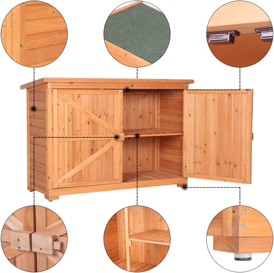 Outdoor Wooden Storage Cabinet, Wood Garden Shed, Outside Tool Shed, Vertical Organizer Cabinet with Double Doors for Outside, Garden and Yard