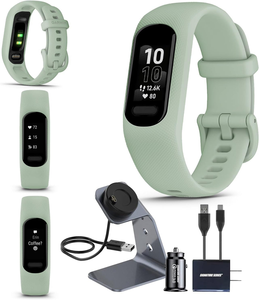 Garmin vivosmart 5 Fitness Tracker, Long-Lasting Battery, Wrist Heart Rate, Sleep Tracking, Smart Notifications, Compatible with Phone GPS, Mint, Signature Series Charger Bundle
