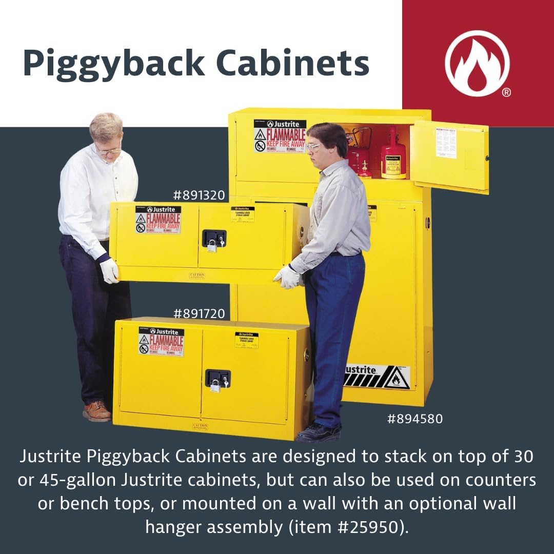 Justrite 12 Gallon Manual Close Piggyback Flammable Storage Cabinet, 18 Gauge Steel, 2 Door Fire Cabinet, 18' x 43' x 18', Made in The USA, Yellow, 891300