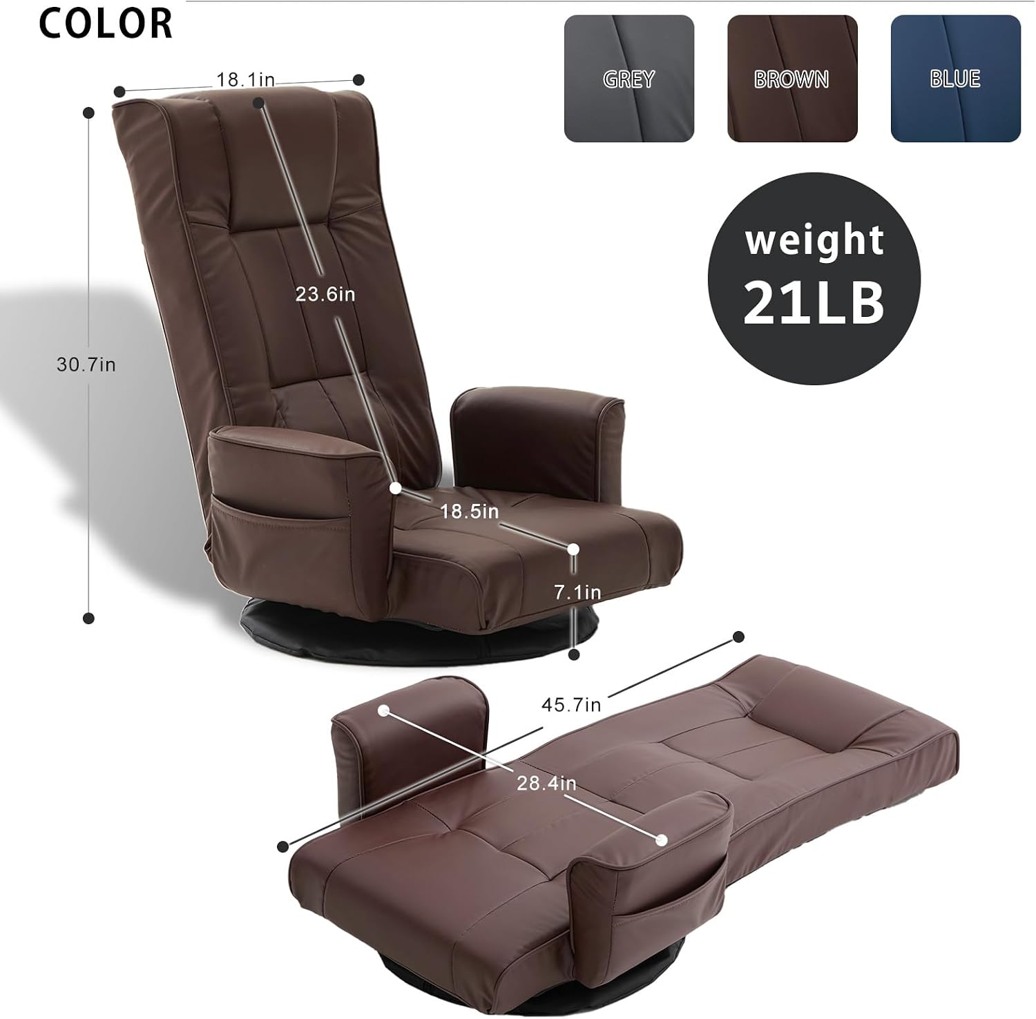 360° Swivel Floor Chair with Armrests, 14-Position Adjustable Floor Lounger for Adults, Folding Padded Floor Seat with Backrest for Gaming, Reading & Living Room (Brown)