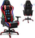 Computer Gaming Chair with RGB Lights, Video Gaming Chair with Speakers,Ergonomic Gaming Chair with Footrest, Adjustable Height Office Desk Chair with Wheels, Breathable Leather,Red