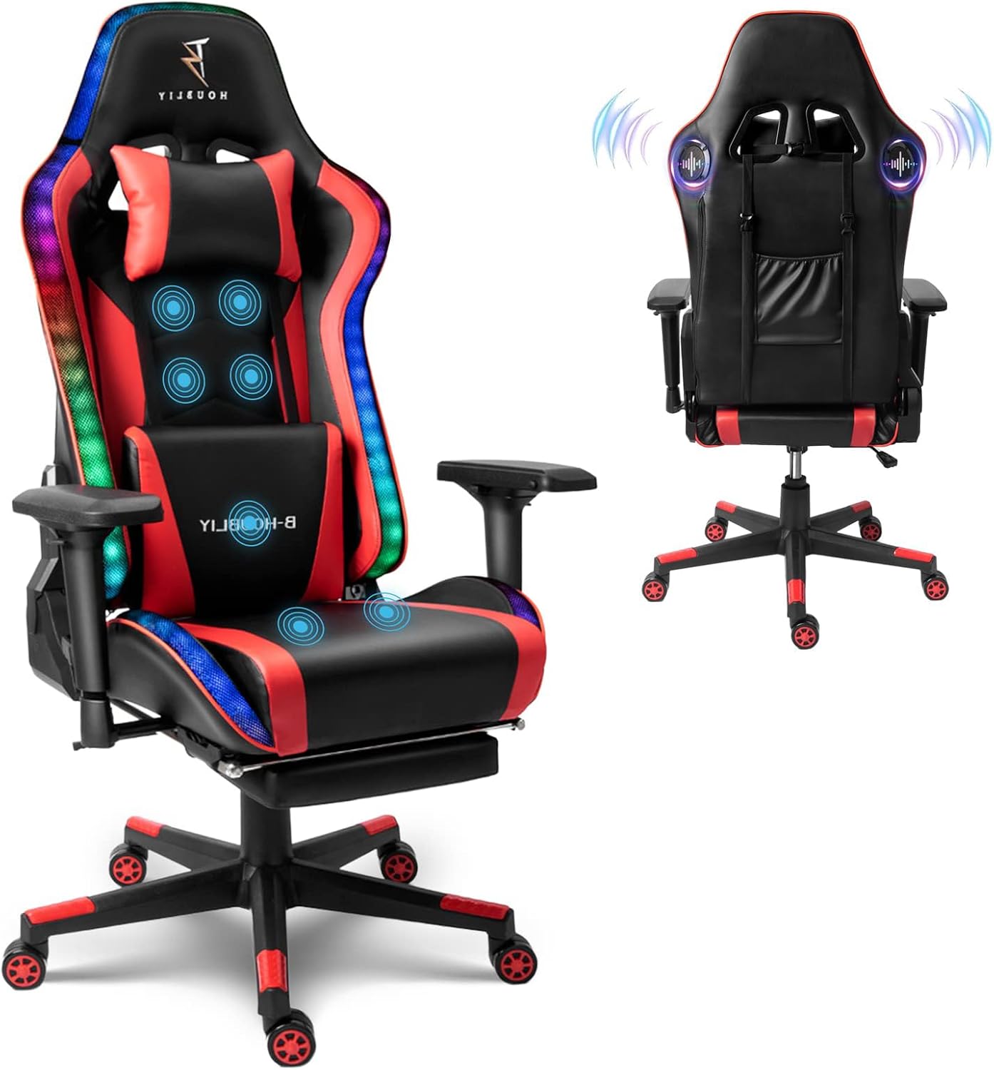 Computer Gaming Chair with RGB Lights, Video Gaming Chair with Speakers,Ergonomic Gaming Chair with Footrest, Adjustable Height Office Desk Chair with Wheels, Breathable Leather,Red