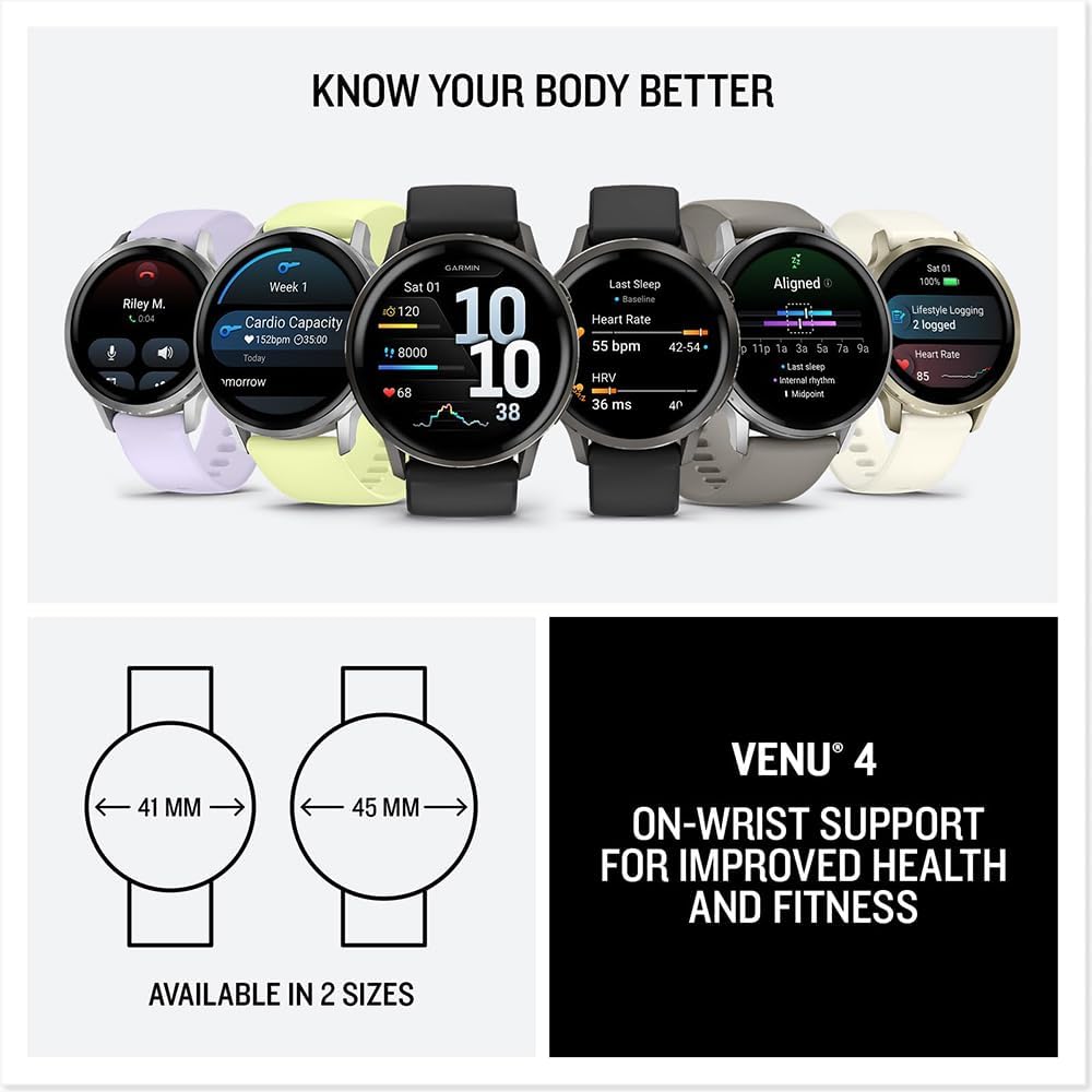 Garmin 010-03013-01 Venu 4, 41mm Health & Fitness GPS Smartwatch Silver with Periwinkle Silicone Band Bundle with Deco Essentials Exclusive 26 Month CPS Enhanced Protection Pack