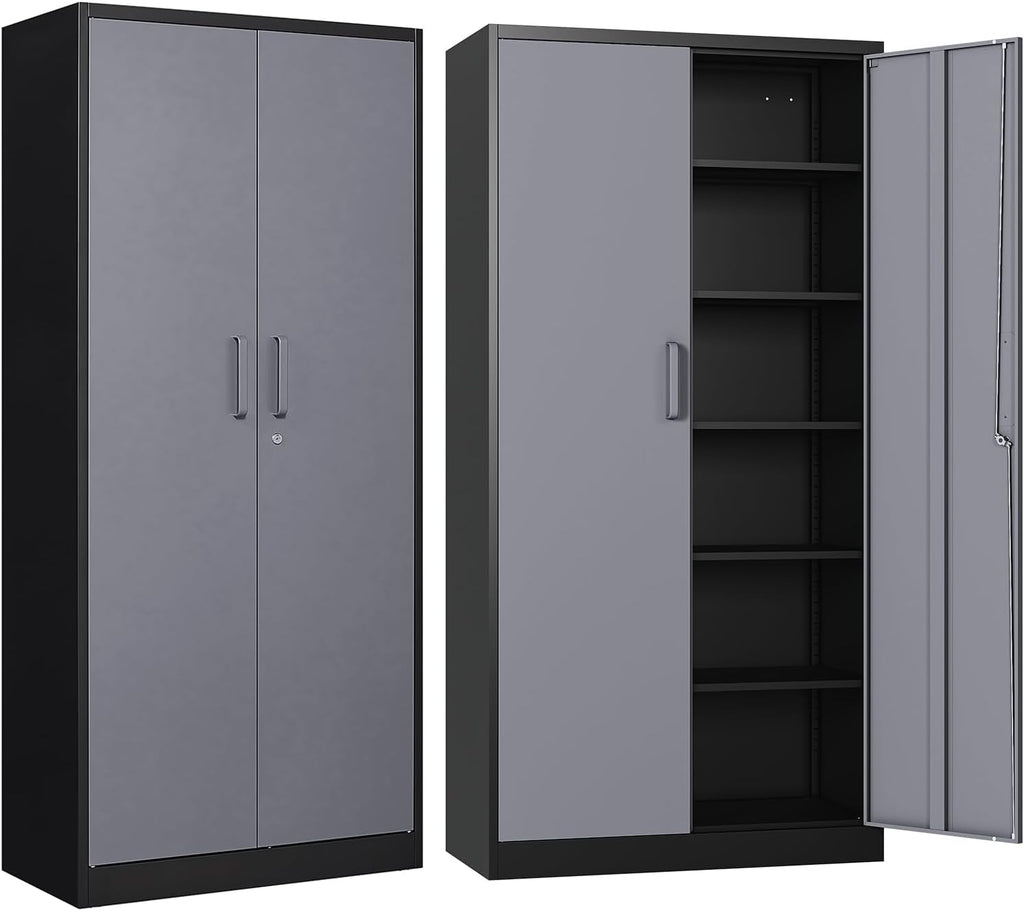 Metal Garage Storage Cabinet, 71/ inchs Locking Storage Cabinet with 2 Doors and 4 Adjustable Shelves, Lockable Metal Cabinet for Office,Home,Garage,Gym,School（Gray Black） SC9005D