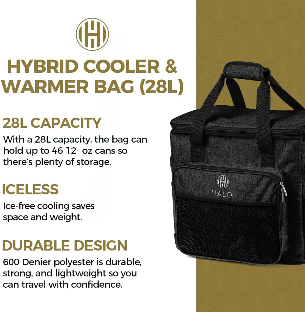 Halo 28L Hybrid Cooler & Warmer Bag | Electric Travel Cooler, Collapsible for Easy Storage, Keep Drinks Cold & Food Warm, Ice Free Cooling, Includes Shoulder Strap, DC Power Cord & AC Adapter