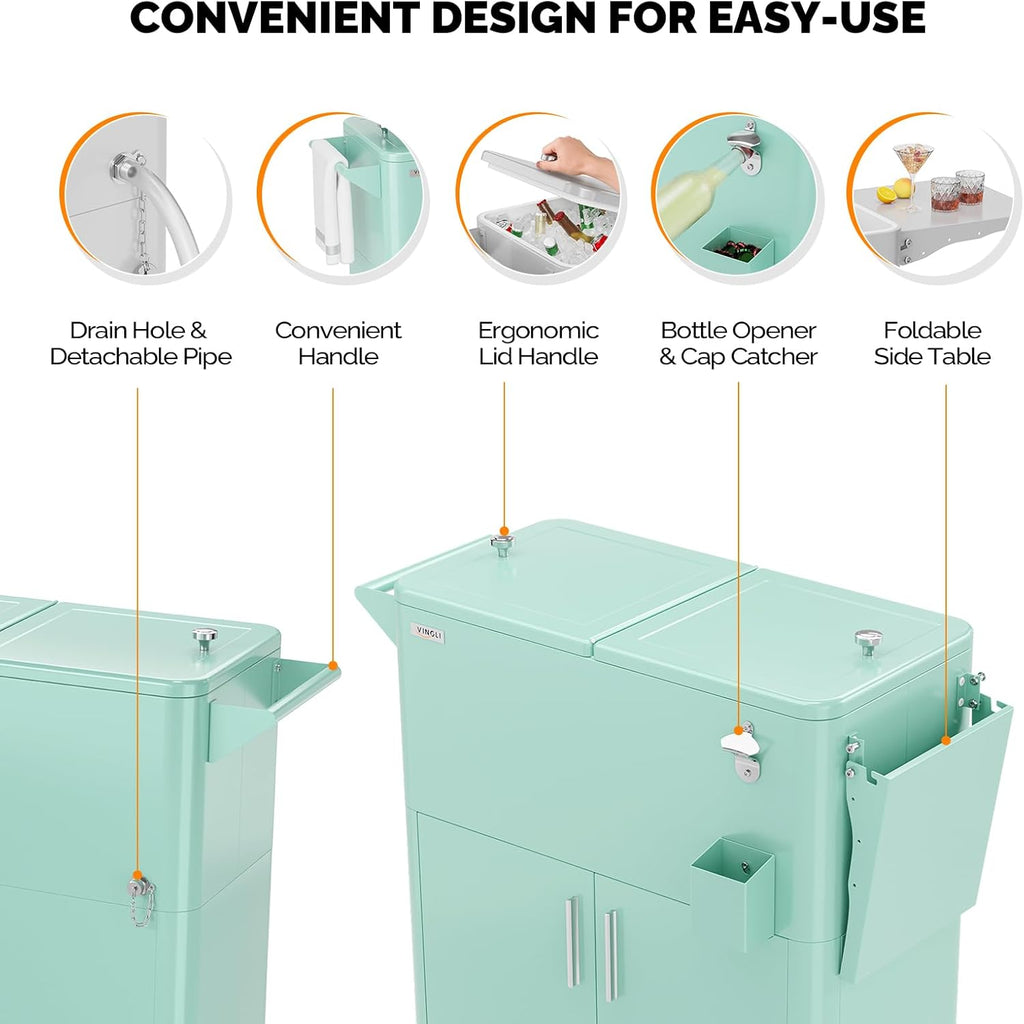 VINGLI Patio Cooler, Ice Chest with Storage Cabinet, Bottle Opener Drainage, Outdoor Cooler for Party, Deck, Pool