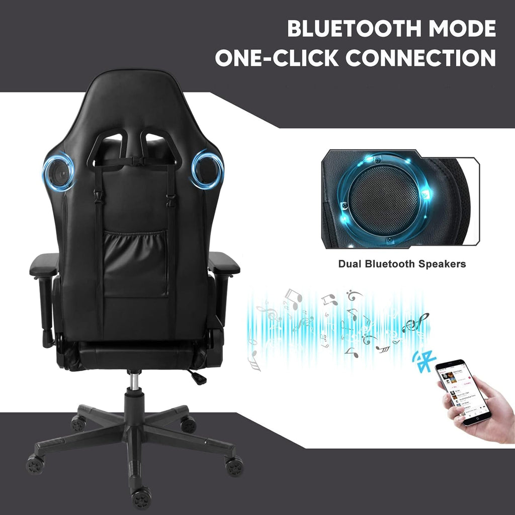 Ergonomic Massage Gaming Chair with Speakers and RGB Lights, PU Leather Computer Office Chair with Footrest, High Back Recliner Chair 360° Swivel Height Adjustment Music Video Game Chair,Black