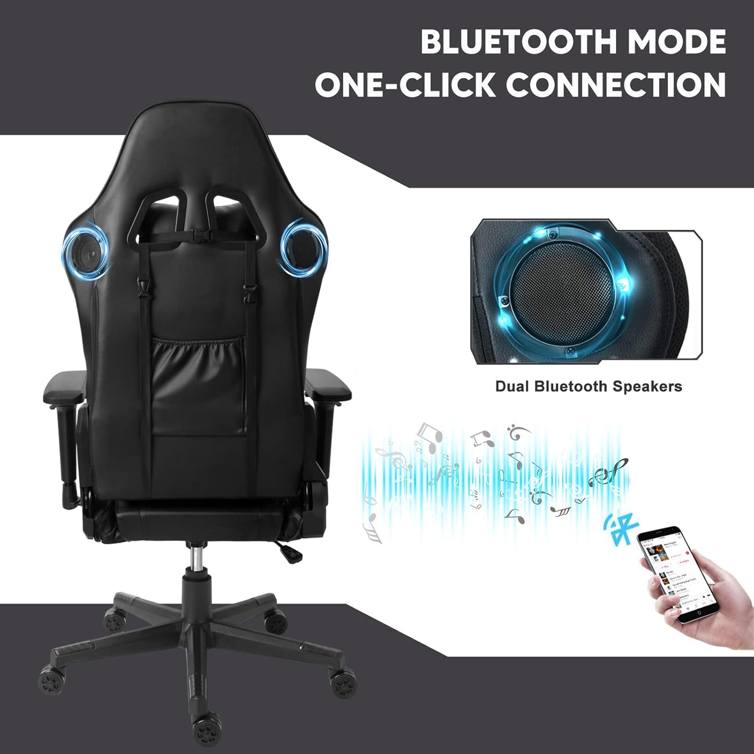 Ergonomic Massage Gaming Chair with Speakers and RGB Lights, PU Leather Computer Office Chair with Footrest, High Back Recliner Chair 360° Swivel Height Adjustment Music Video Game Chair,Black