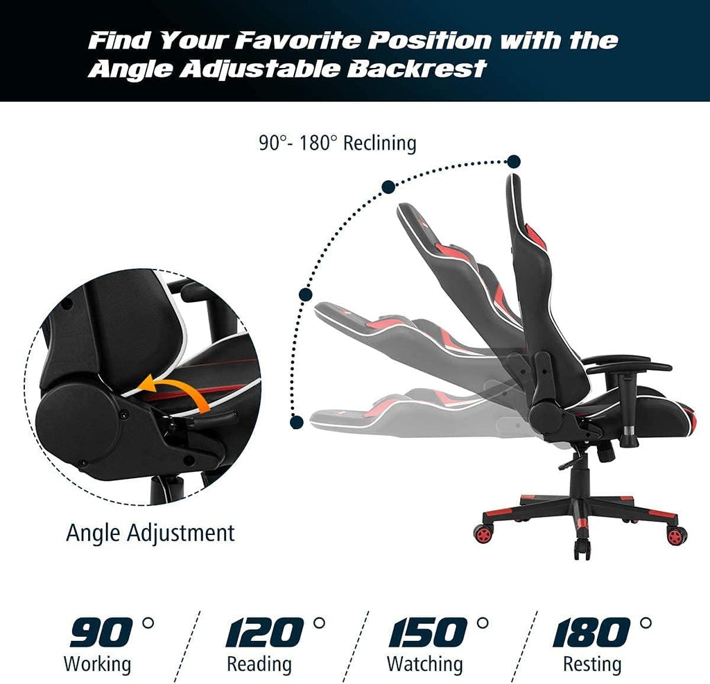 Massage Gaming Chair, High Back Office Computer Chair with Headrest and Lumbar Support, Racing Style Reclining Swiveling Game Chair for Home Office (Red)