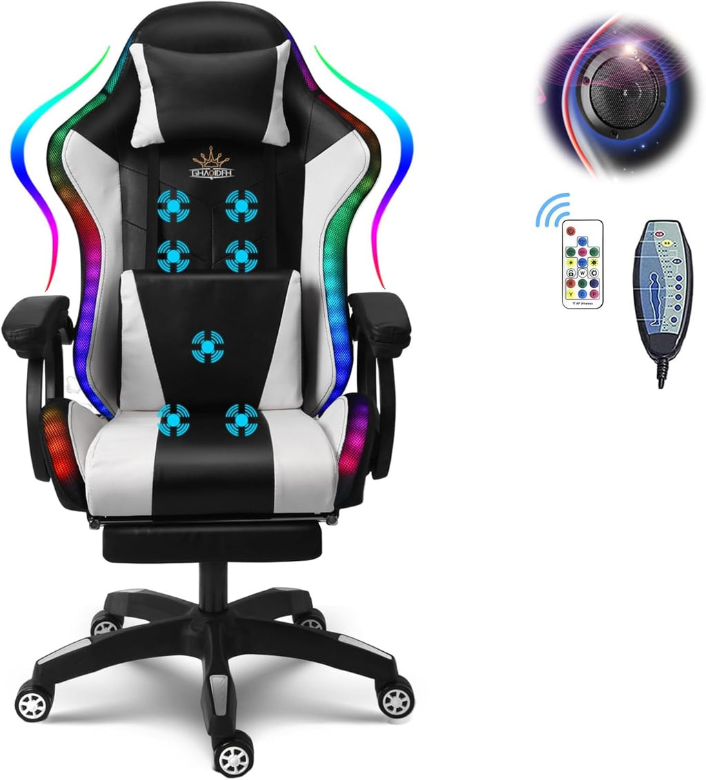 Gaming Chair with Speakers and RGB Lights, Video Game Chairs Ergonomic Pro Office Chair with Full Massage Lumbar Support, 90°-135° Backrest Adjustable Computer Chairs with Footrest,White