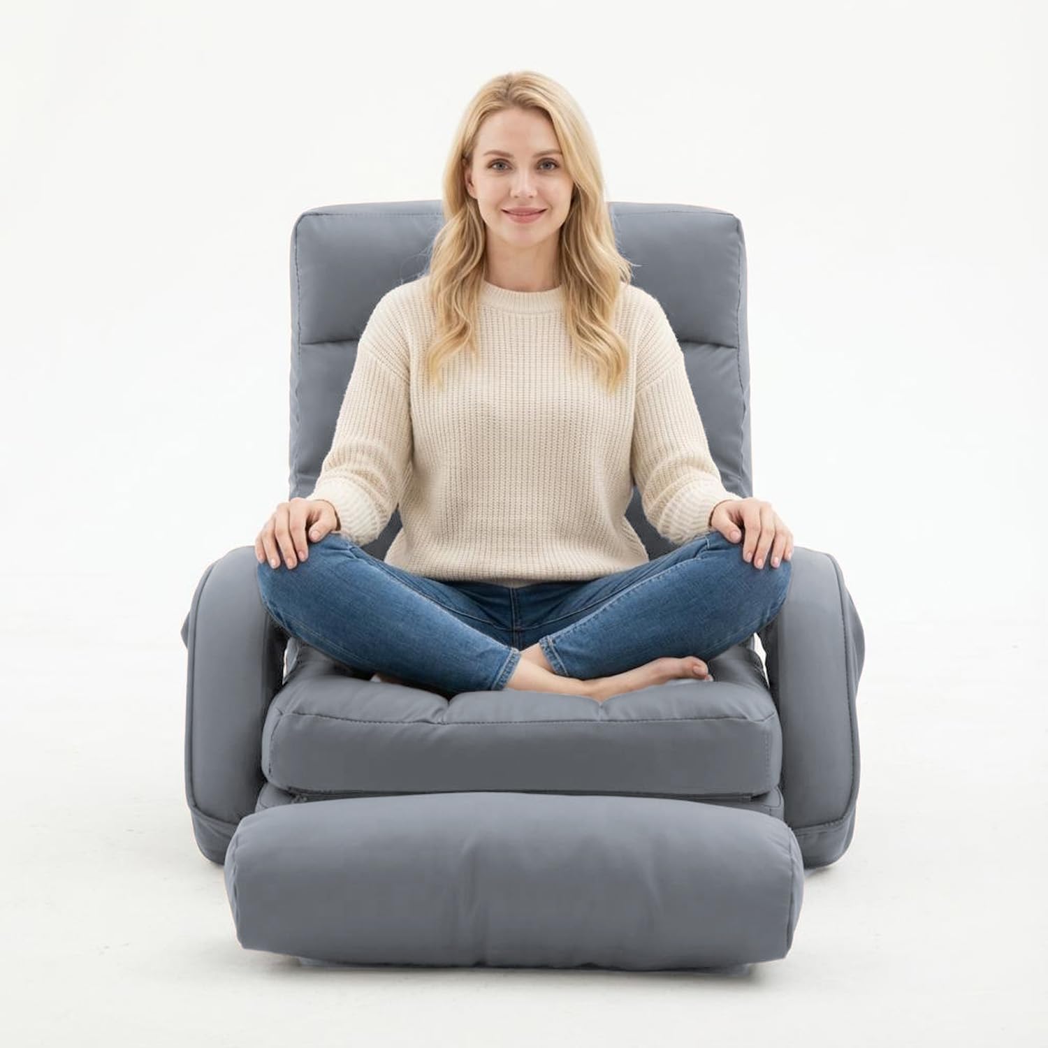 Floor Chair, Floor Gaming Chair with 14 Adjustable Position&Back Support, Folding Lounge Chair with Armrest for Adults, Lazy Sofa Lounger with Comfy Cushion for Living Room,Bedroom,PU,Grey