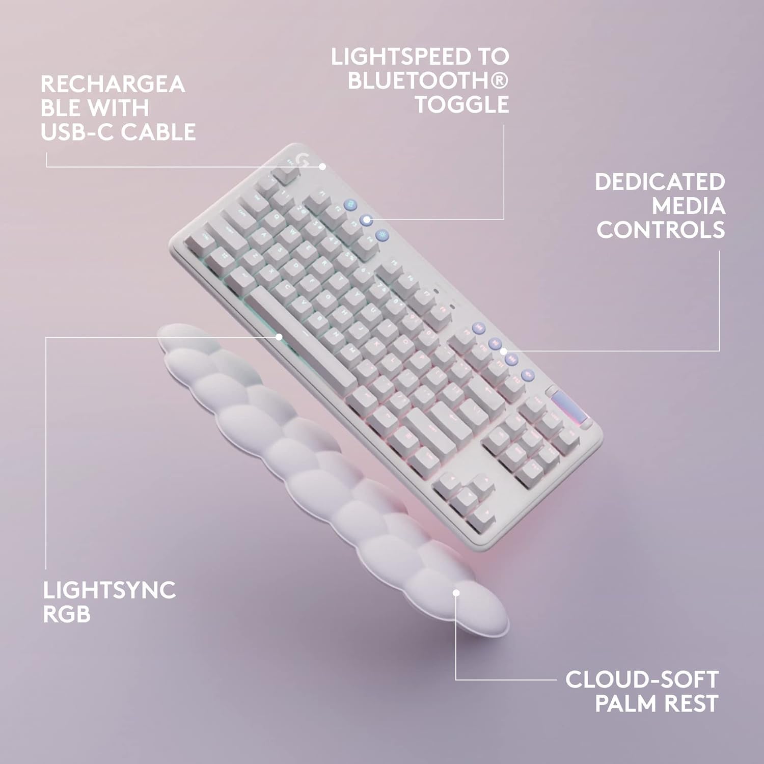 Logitech G715 Wireless Mechanical Gaming Keyboard with LIGHTSYNC RGB, Lightspeed, Linear Switches (GX Red), and Keyboard Palm Rest, PC/Mac Compatible - White Mist (Renewed)