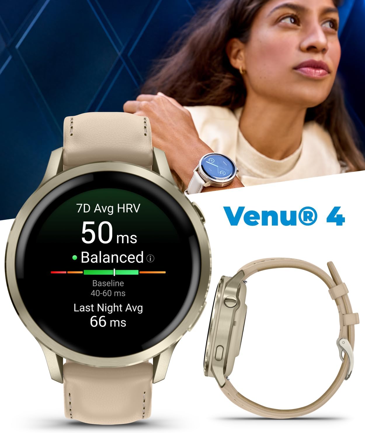 Garmin Venu 4-41mm AMOLED Advanced Health & Fitness GPS Smartwatch, Colorful Display, Built-in Flashlight, Lunar Gold w/Bone Silicone & Light Sand Leather Bands w/Wearable4U Black Earbuds Bundle