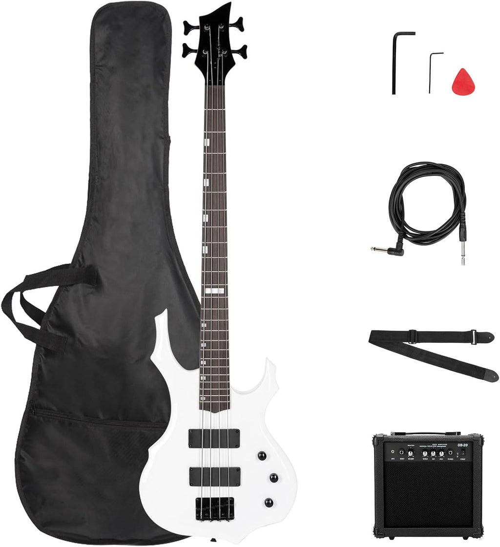 Ktaxon Electric Bass Guitar Full Size Flame Design Bass Set with 20 Watt Amplifier, Portable Bass Bag, Superior Amp Wire, Adjustable Guitar Strap, Plectrum, Wrench Tool(White)
