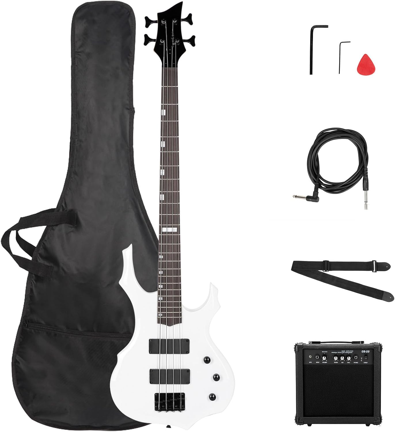 Ktaxon Electric Bass Guitar Full Size Flame Design Bass Set with 20 Watt Amplifier, Portable Bass Bag, Superior Amp Wire, Adjustable Guitar Strap, Plectrum, Wrench Tool(White)
