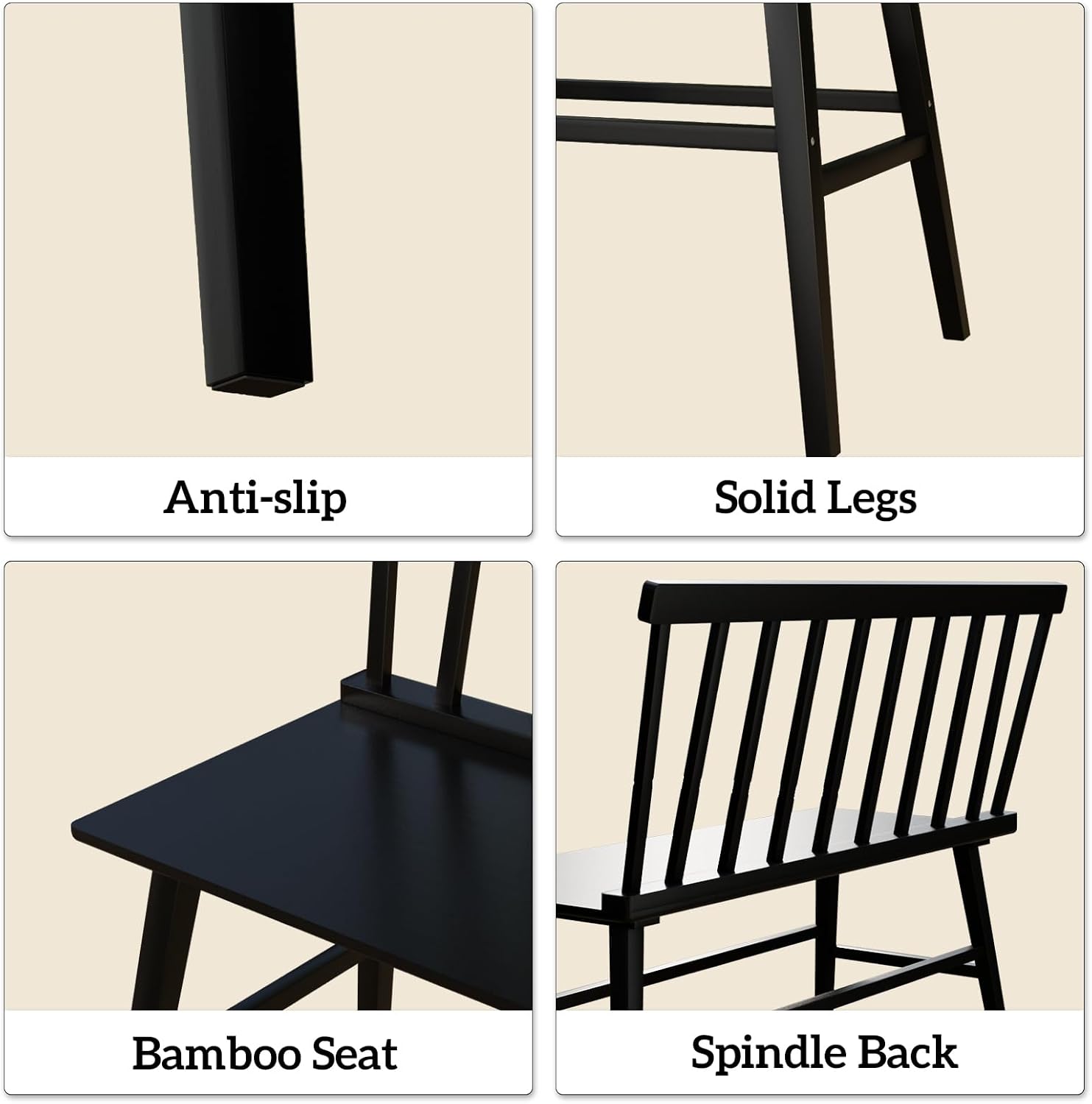 WISUCART Dining Bench for Kitchen & Dining Room – Bamboo Wood Bench with Spindle Back & Armrests, Farmhouse Entryway Bench, Indoor Bedroom Bench, Versatile Entry Bench & Outdoor Bench Seating（Black）